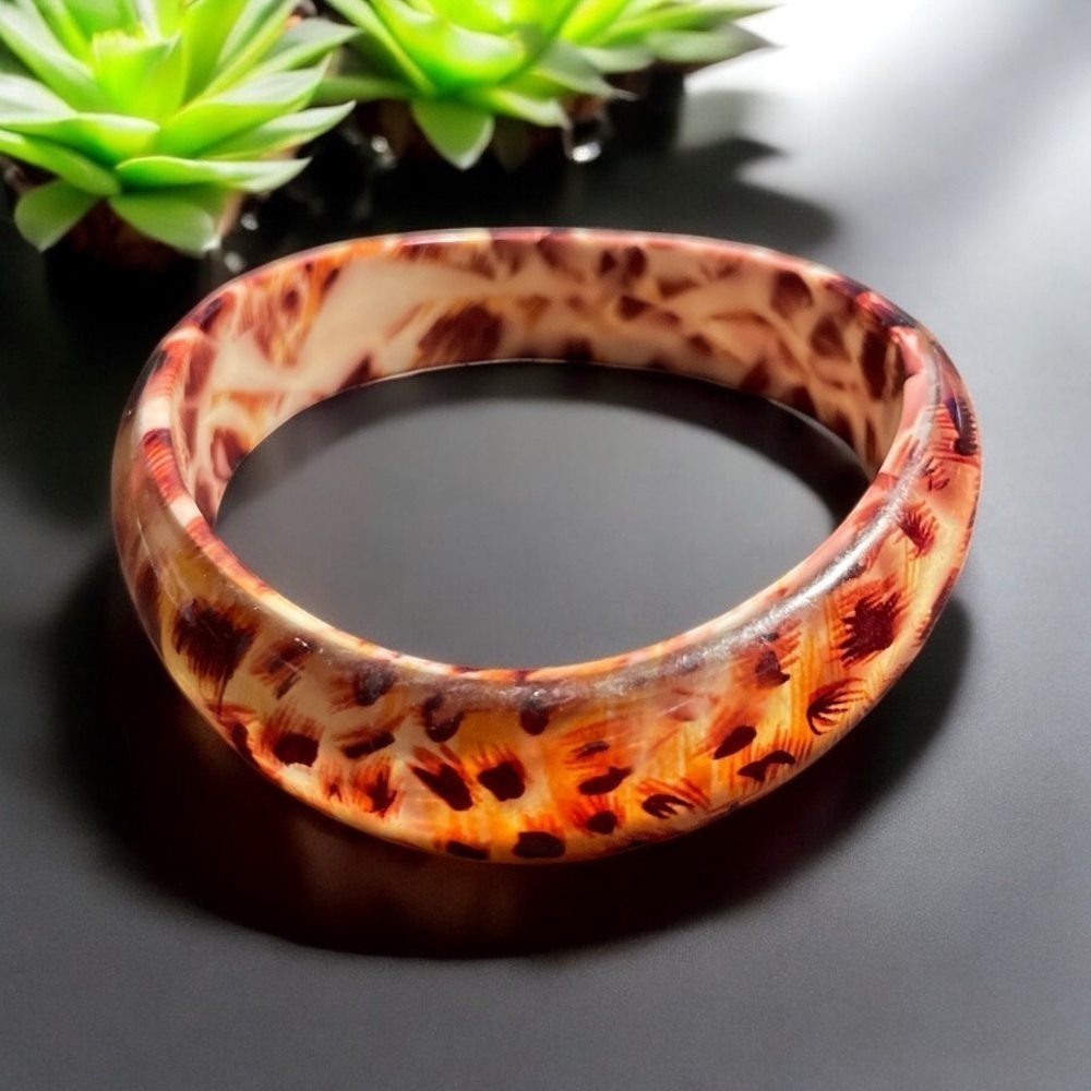 Vintage Modernist Resin Bangle Bracelet Clear/Brown Tortoiseshell